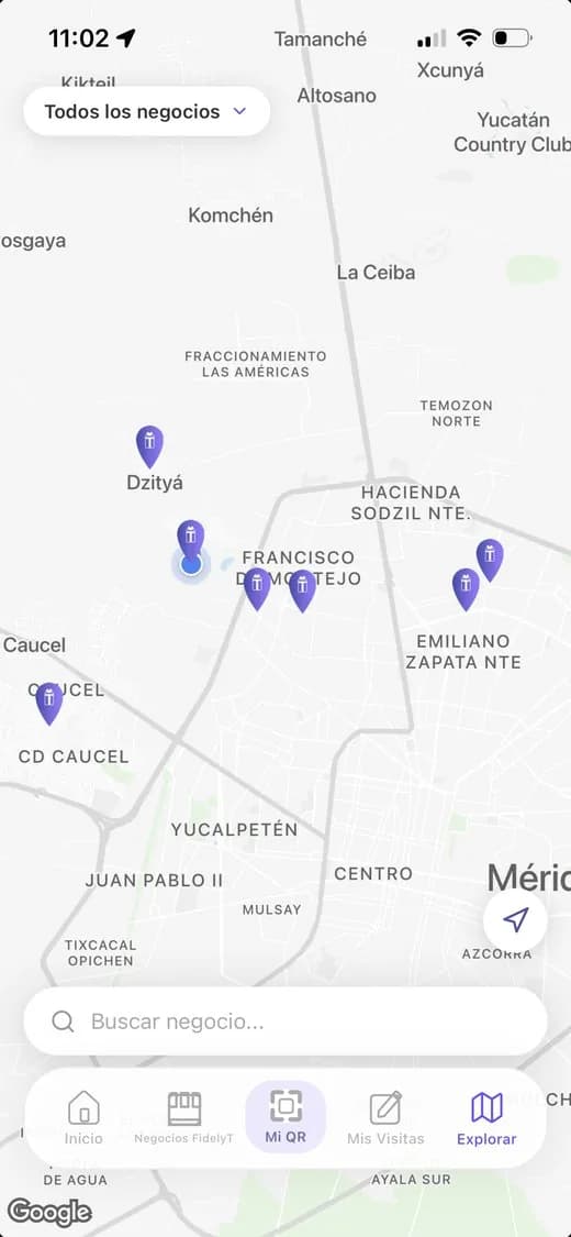 Mapa de negocios cercanos en la app FidelyT