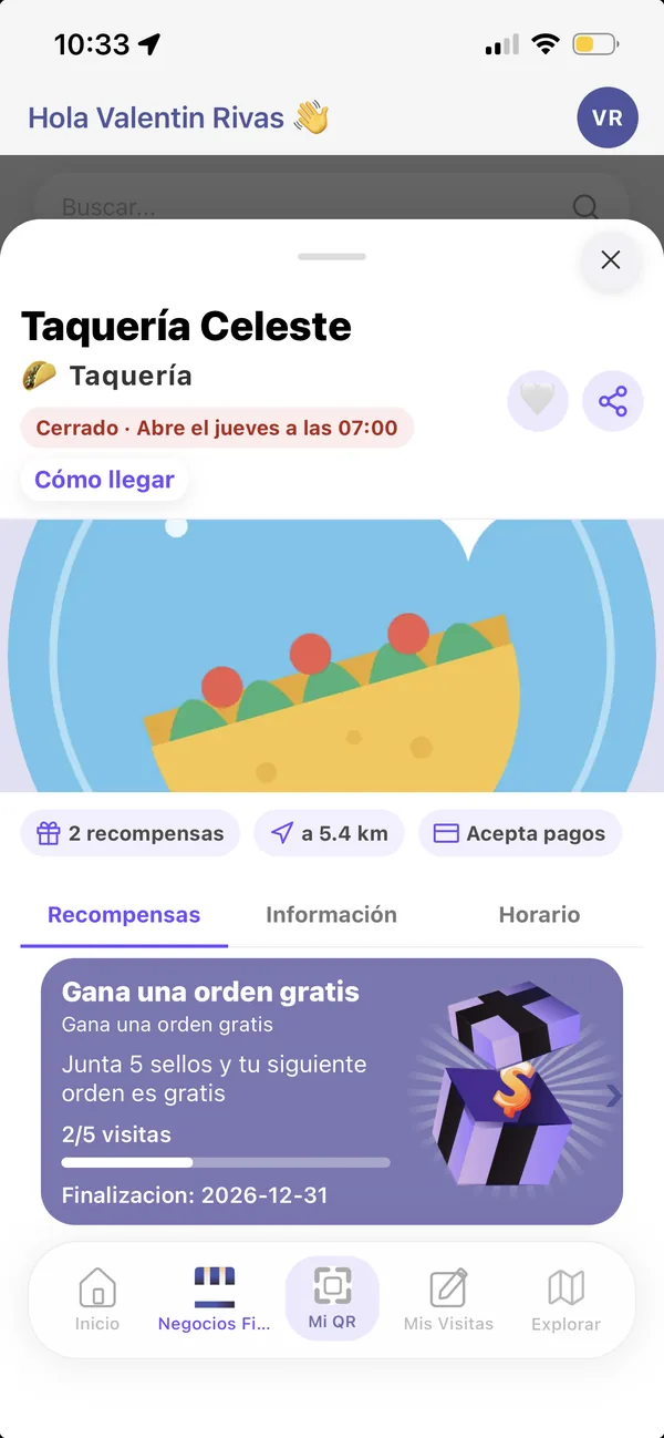 Perfil de Taquería Celeste en la app FidelyT con su menú, horario y recompensa
