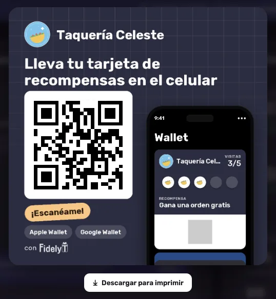 Material para el mostrador de Taquería Celeste con QR para guardar la tarjeta en el Wallet
