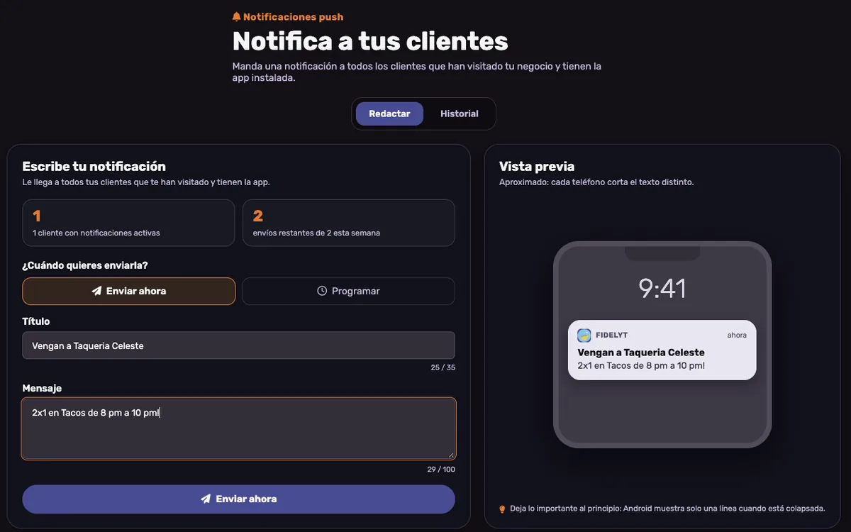Pantalla del panel de FidelyT para escribir y programar una notificación a tus clientes